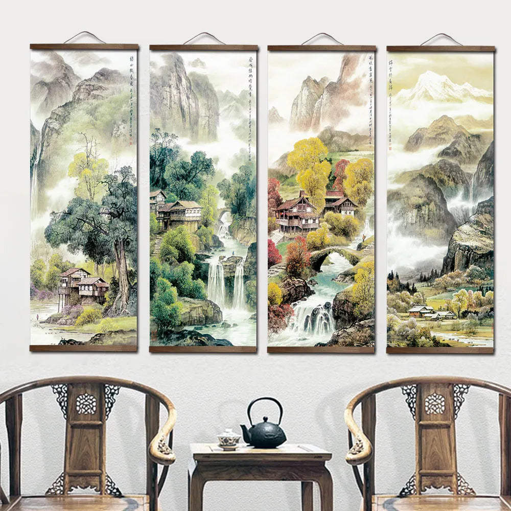 tableau mural paysage montagneux peinture traditionnelle chinoise clips cadre bois multicolore vertical decoration maison