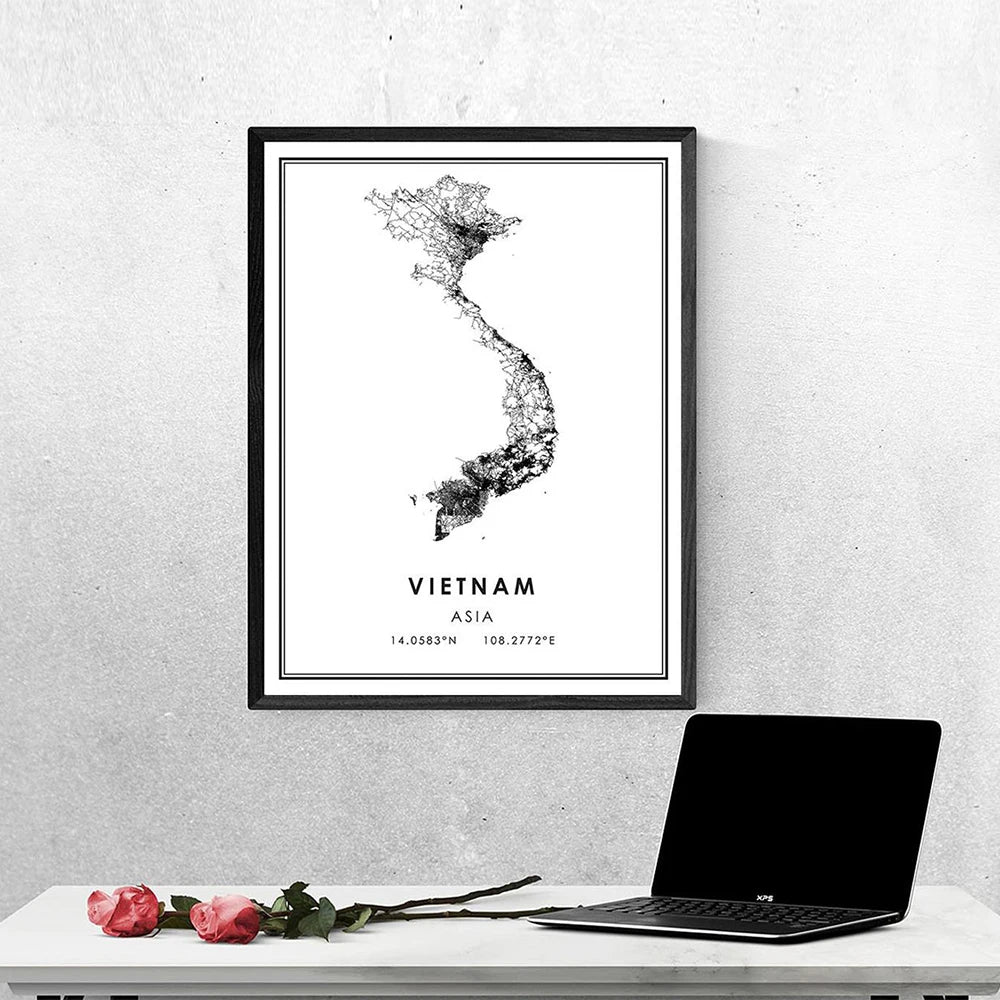 affiche carte vietnam poster minimaliste moderne geometrique fleurs roses pivoines noires blanches rouges turquoises