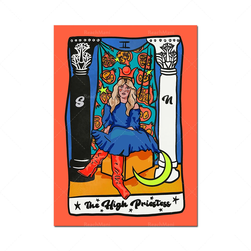 Une femme avec une robe bleue et des bottes colorées assise sur un trône entouré d'éléments symboliques.