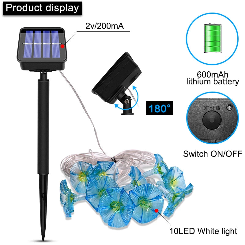 guirlande solaire 10 led bleu clair vert fleurs stylisées moderne extérieure jardin piquet on