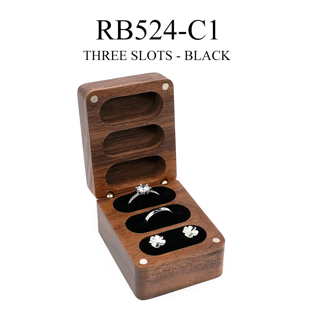 boîte alliances bois foncé velours intérieur compartiments clips dorés classique portable bijoux rangement cadeau
