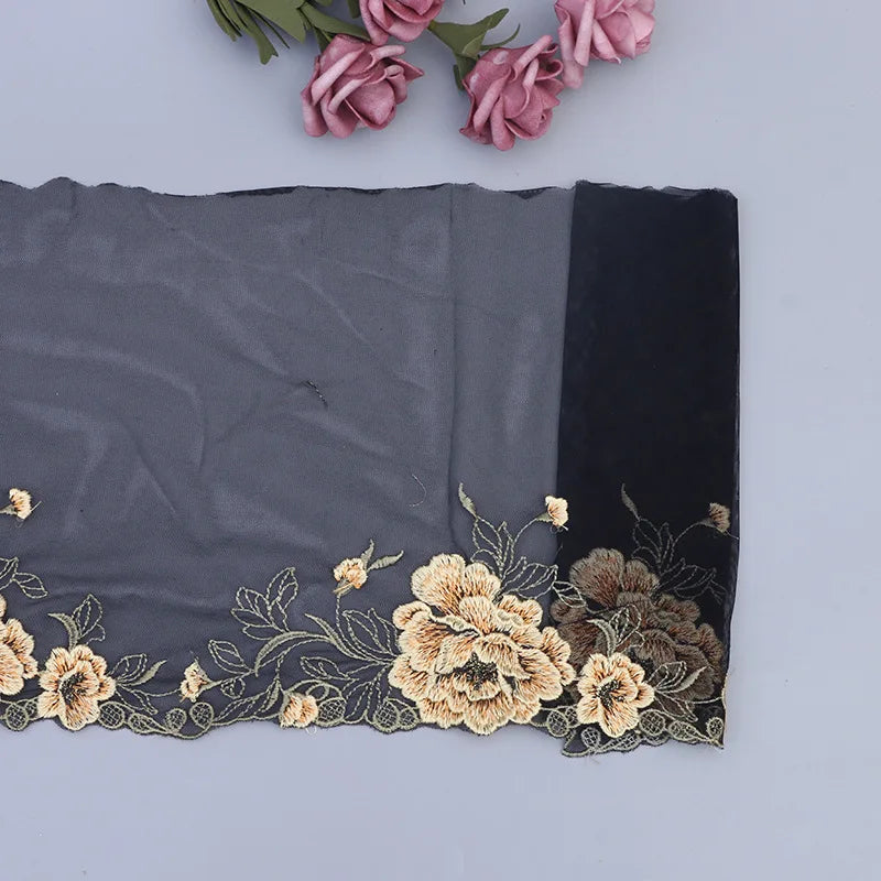 tissu dentelle motif floral doré polyester élégant noir opacité couture robe décoration artisanale