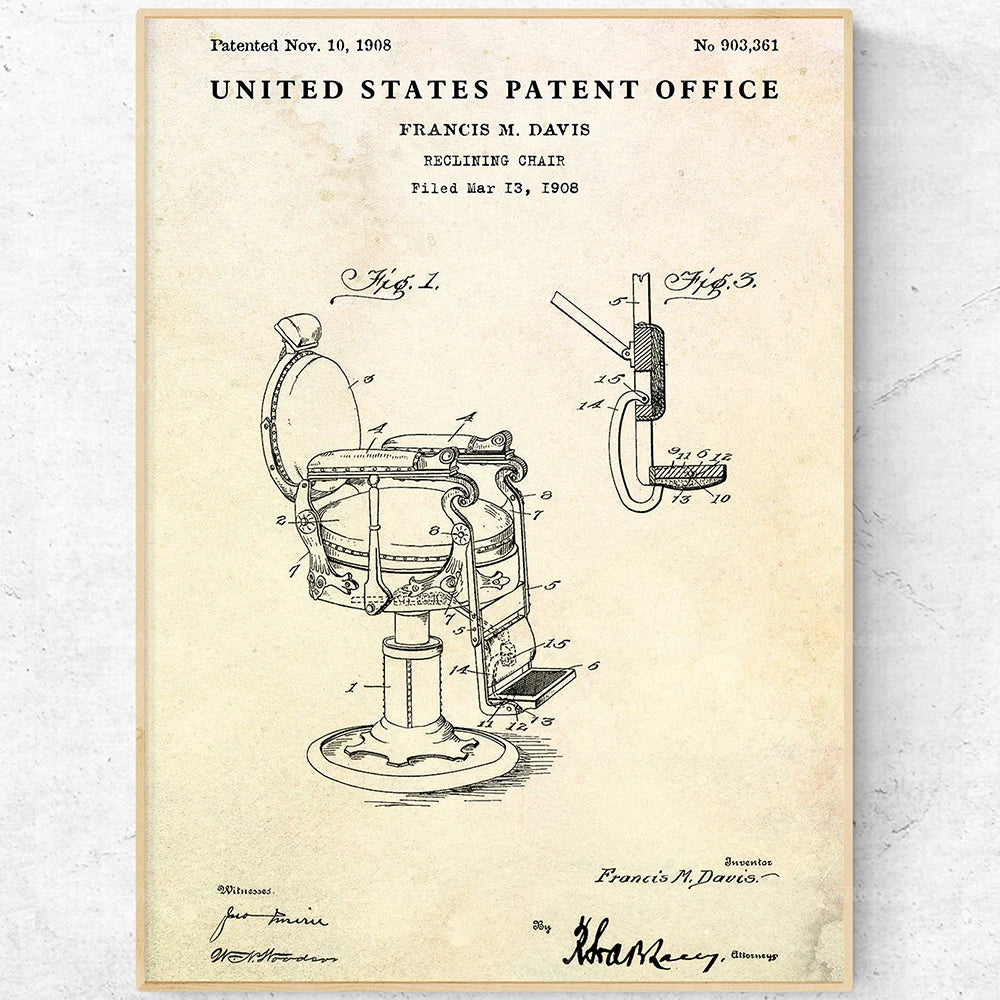 Ce brevet détaille la conception d'un fauteuil inclinable, mettant en évidence les innovations techniques de son inventeur Francis M. Davis.
