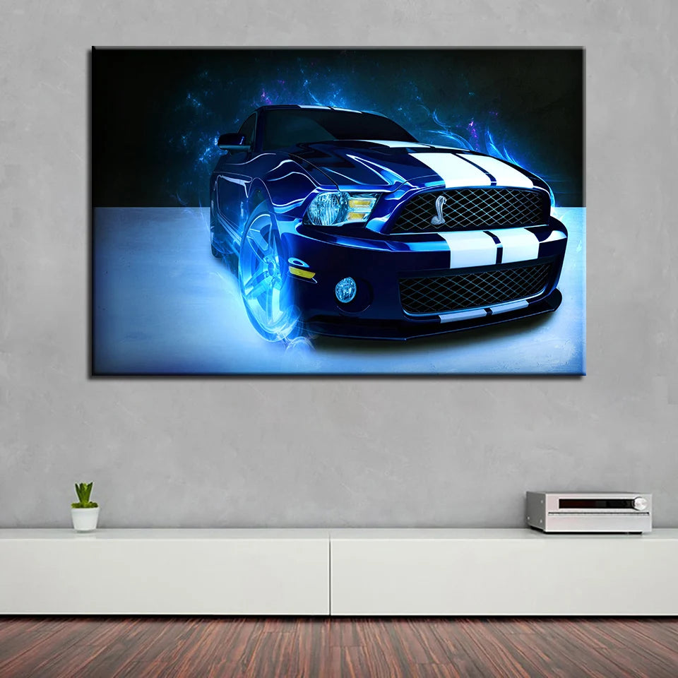 Une puissante voiture de sport noire et blanche avec des éléments lumineux bleutés, reflétant la performance et l'élégance.