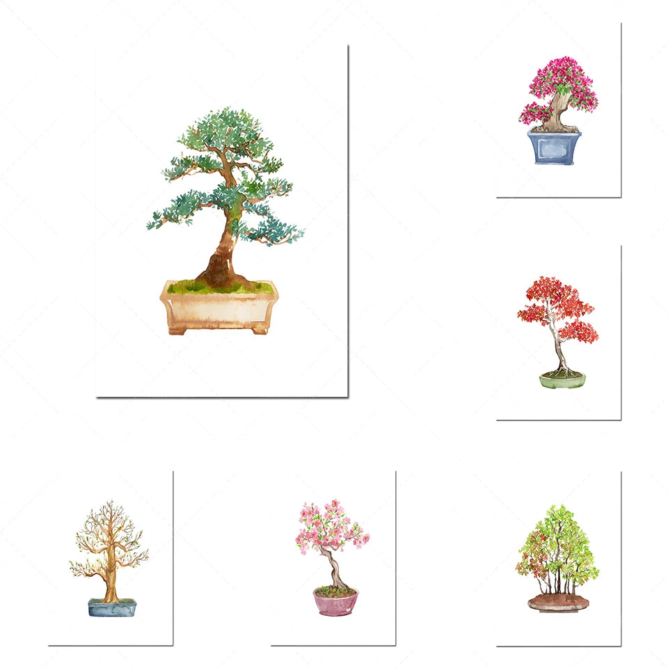 Des bonsaïs multicolores, de différentes saisons, dans des pots stylisés.