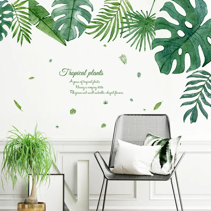 autocollant mural feuilles tropicales moderne adhésif vert opaque décoration murale résistant eau chambre salon