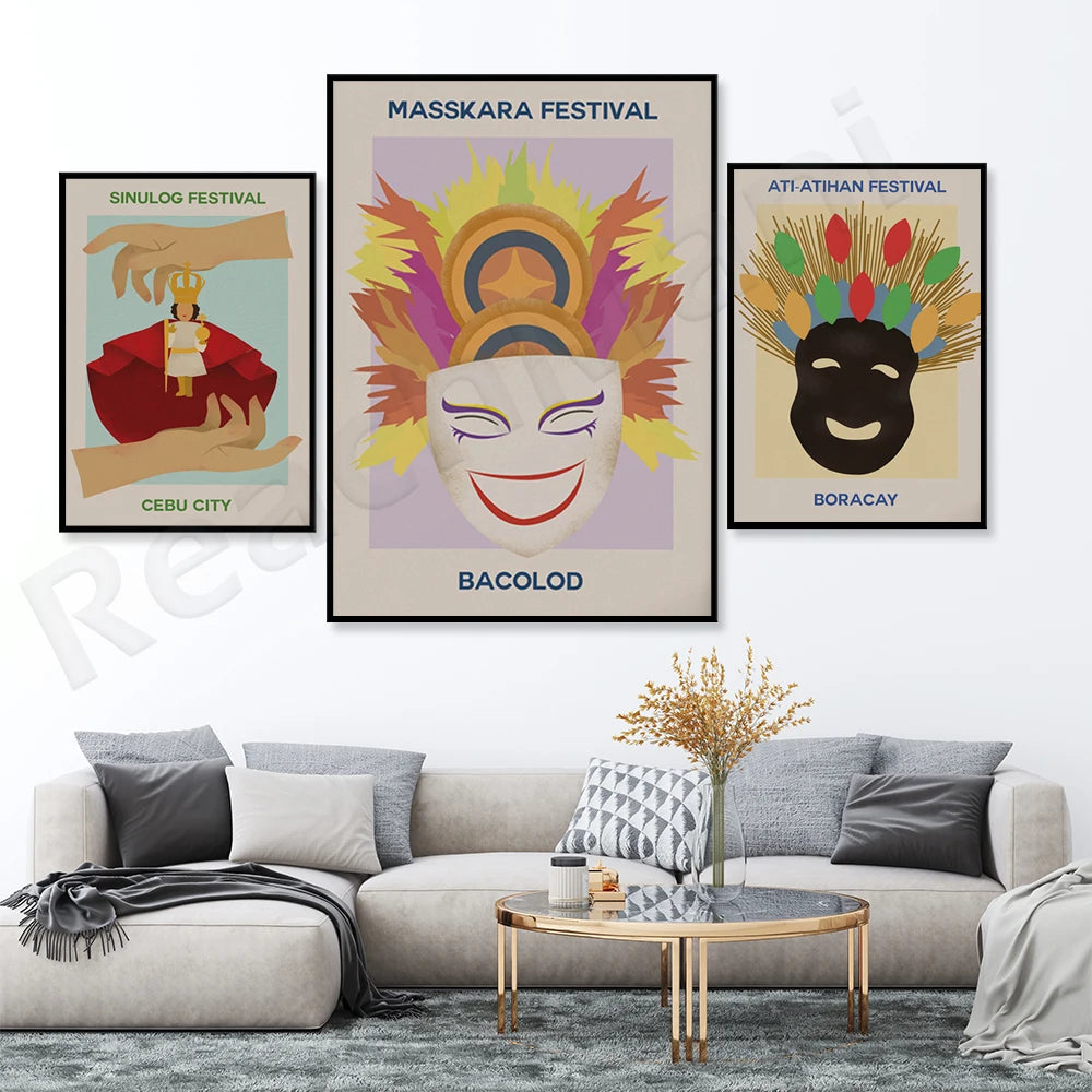 Affiches colorées de festivals traditionnels philippins, mettant en scène des masques et symboles culturels.