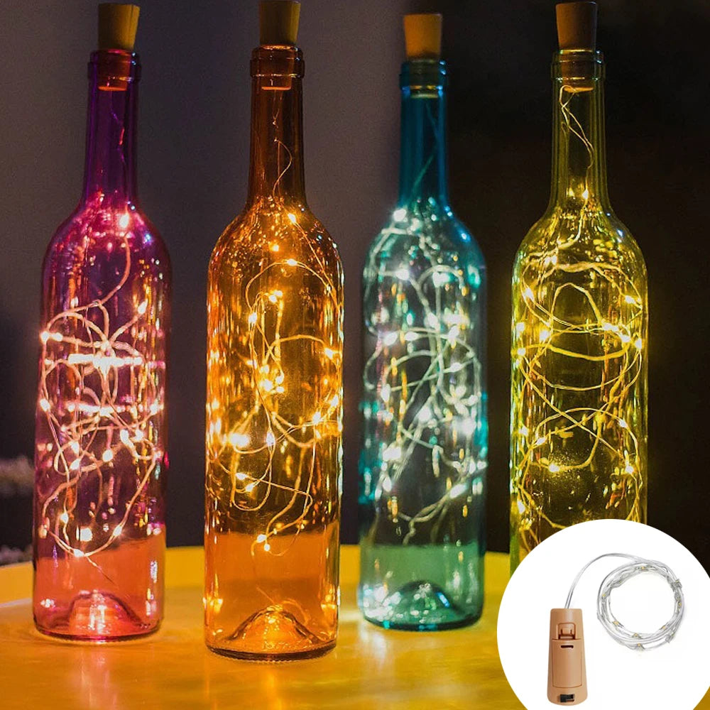 guirlande lumineuse led fil cuivre bouchon liège décoration bouteille vin fête noël intérieur