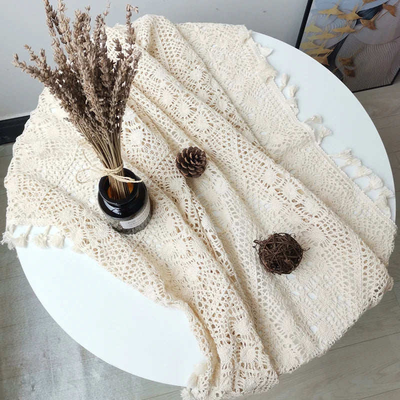 serviette table coton fleur boho chic beige clair crochetée tassellets 100x100cm 130x130cm 150x150cm mariage