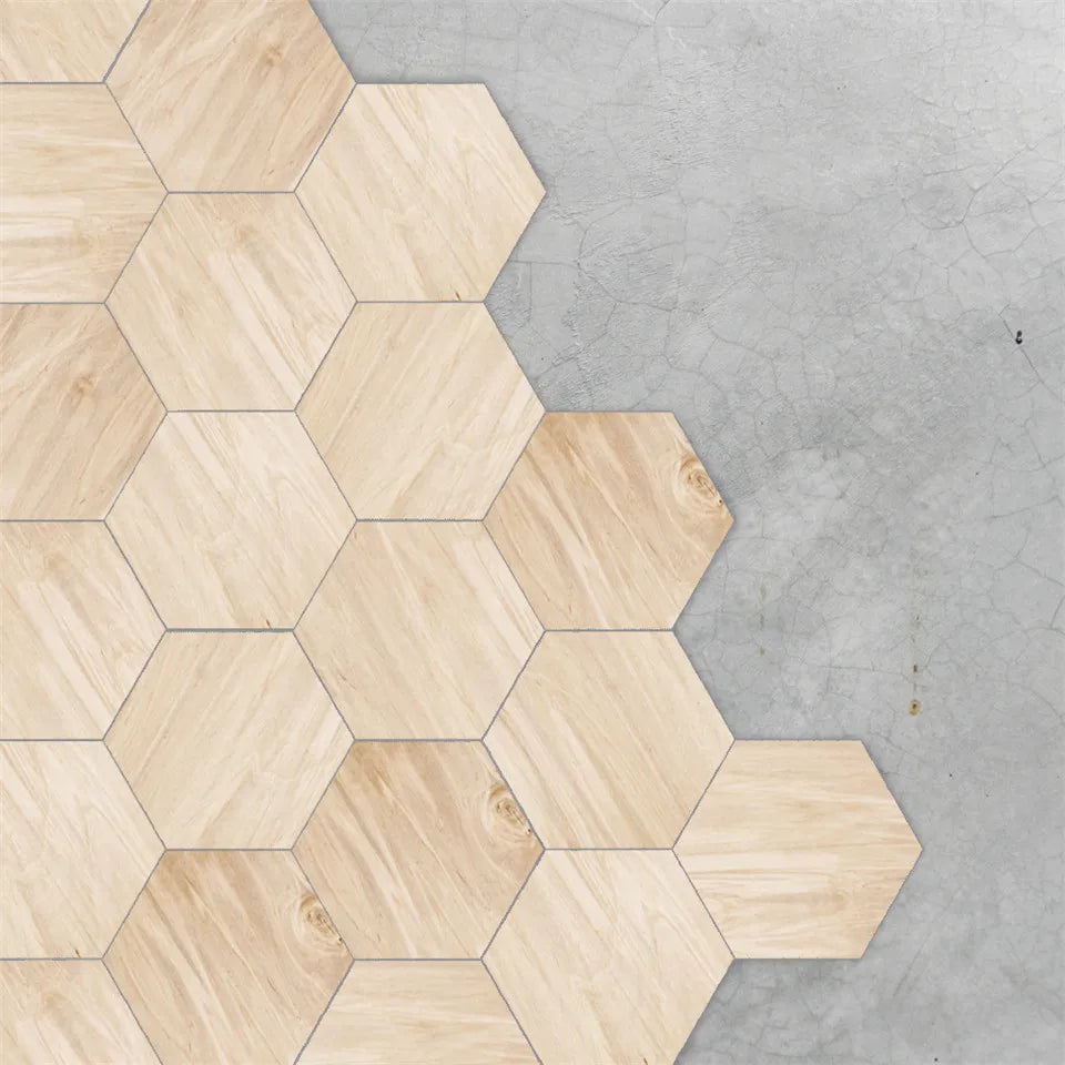 Sticker mural hexagonal bois effet chêne