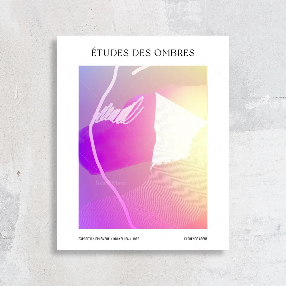 Une image abstraite avec des motifs géométriques et des ombres colorées, intitulée "Études des ombres" et créée par Florence Geens pour une exposition éphémère à Bruxelles en 1982.