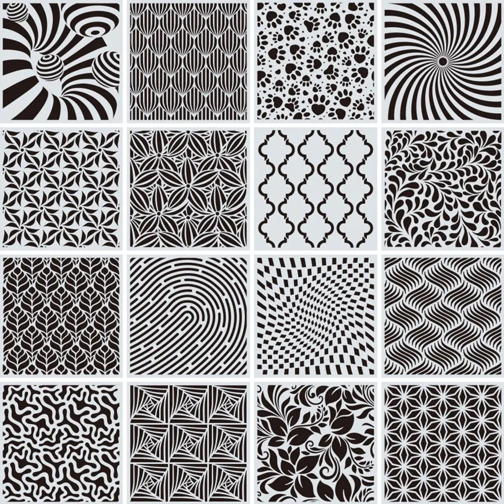 stencils géométriques motifs floraux décoration murale panneaux artistiques illusions optiques assiettes décoratives motifs traditionnels