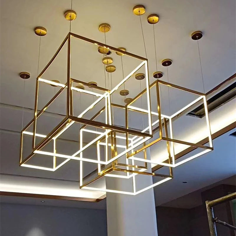 suspension moderne or blanc géométrique forme cubique minimaliste led aluminium