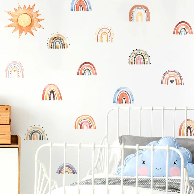 sticker mural arc ciel soleil boho multicolore adhésif chambre enfant décoration maison
