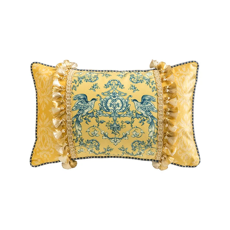 coussin jaune motif floral bleu classique tissu polyester respectueux environnement maison decoration adhésif
