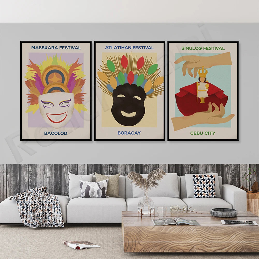 Trois affiches colorées représentant des festivals populaires aux Philippines, comme le Maskkara, Ati-Atihan et Sinulog, dans un décor intérieur moderne.