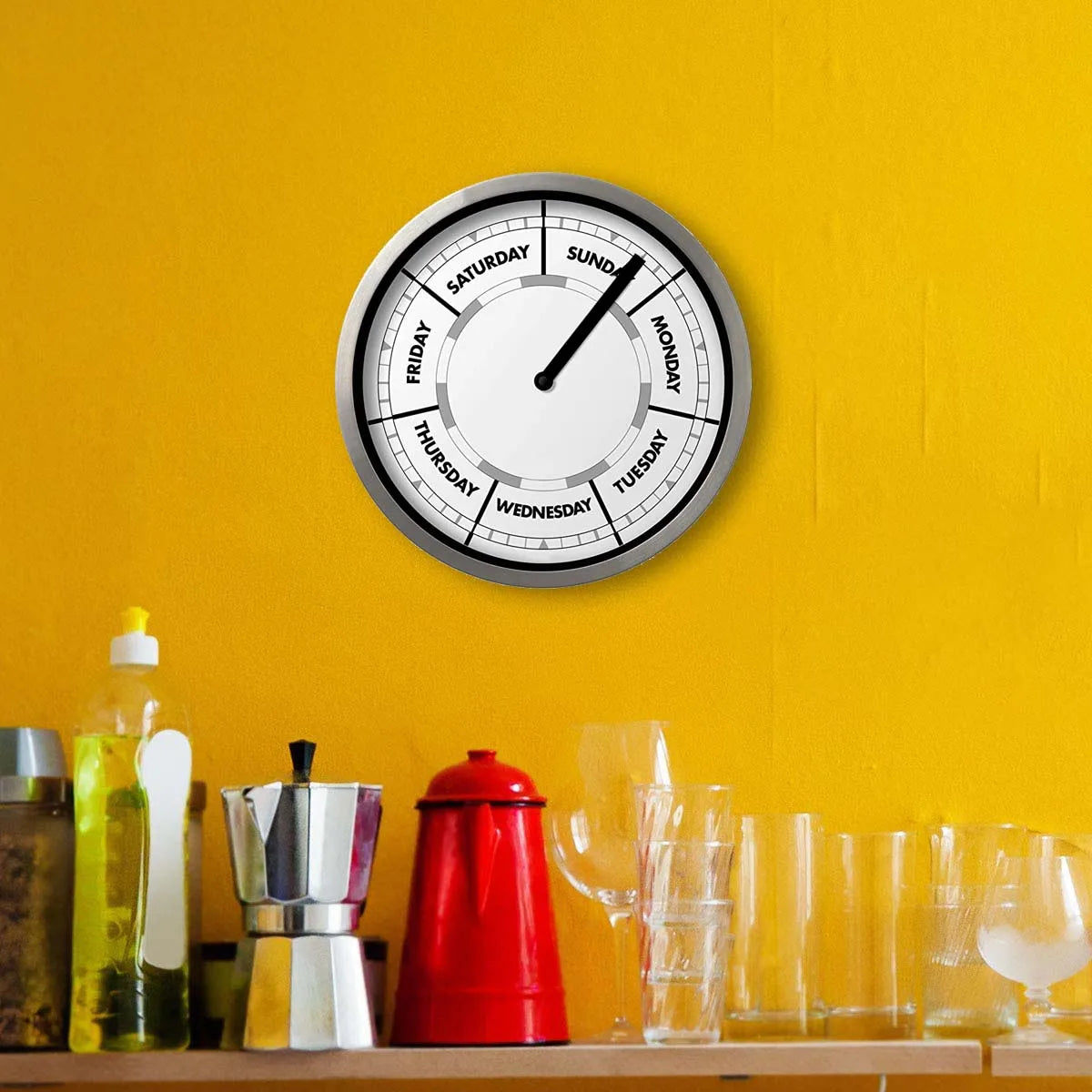 horloge murale jour semaine cadran argenté face blanche moderne minimaliste quartz aiguille salon