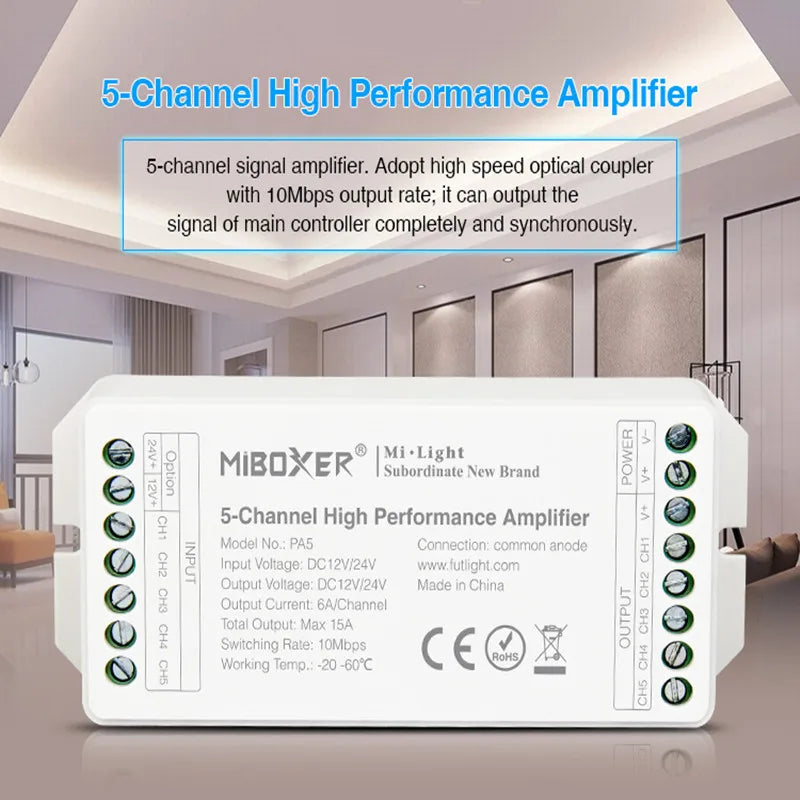 amplificateur signal led controle rgb rgbw blanc moderne 5entrées 4sorties