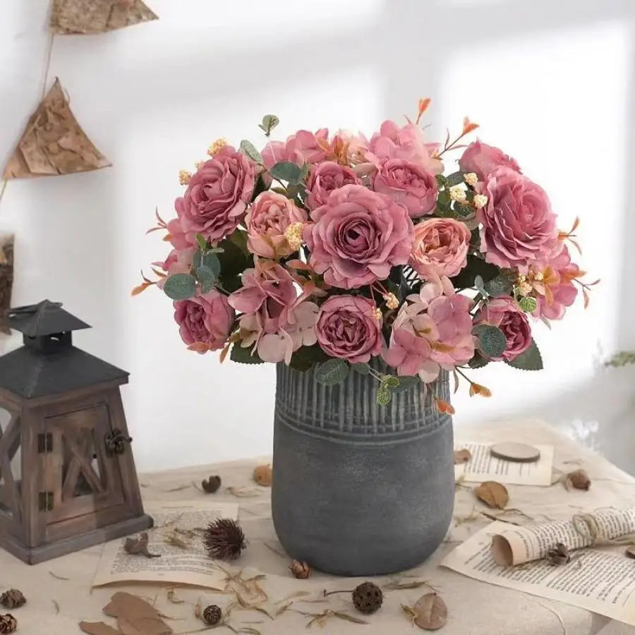 Bouquet artificiel vintage rose violet marron romantique feuilles fleurs blanches décoration mariage intérieur