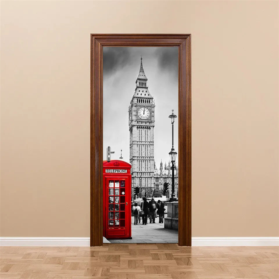 Sticker porte interieur 3D avec effet paysage sur une porte blanche