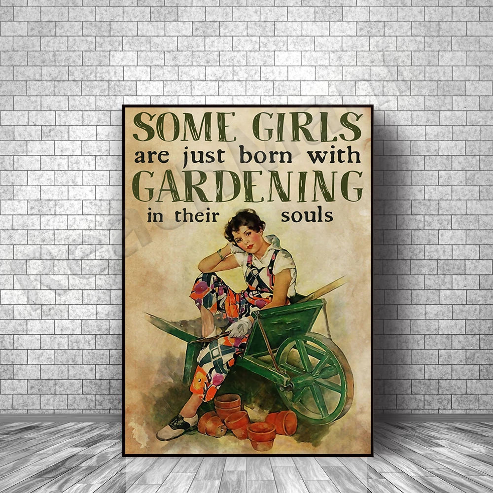 Toile d'art vintage illustration femme jardinage pots fleurs pelle verte beige noire blanche