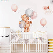 sticker mural ours ballons aquarelle decoration chambre bebe moderne douce enfants rose gris