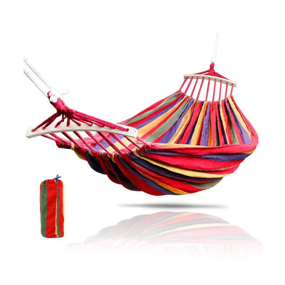 hamac rayures horizontales bleu rouge simple rustique sac rangement cordelettes suspension