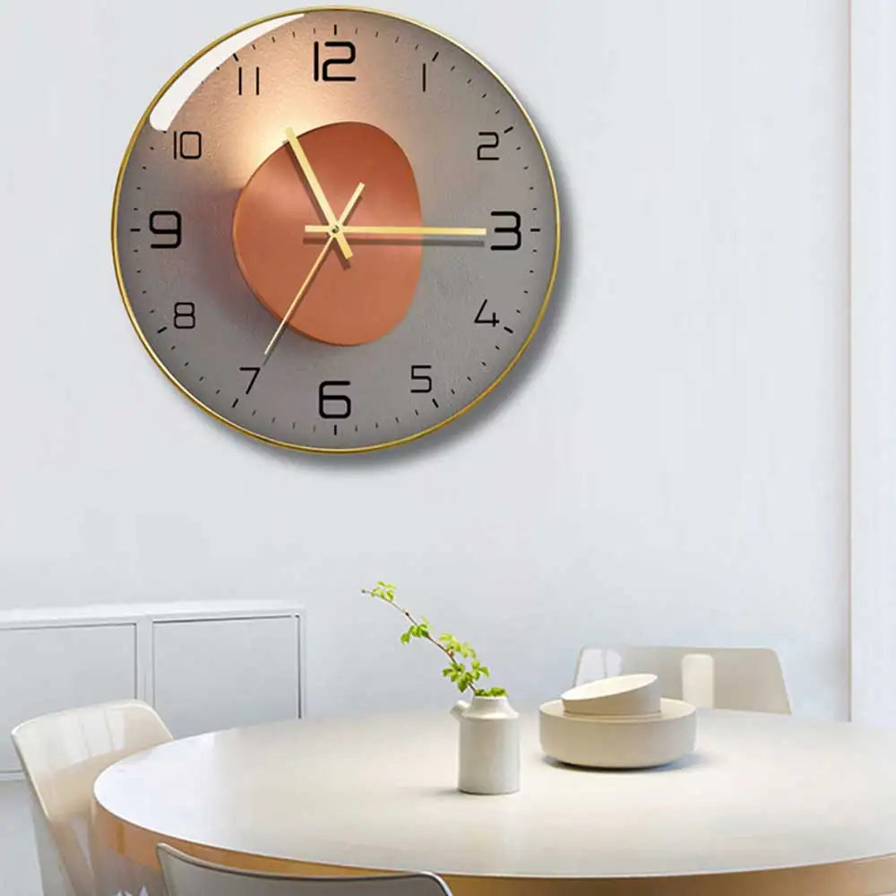 horloge murale moderne abstraite géométrique unique verre transparent aiguille quartz or gris bleu marine