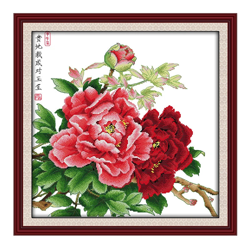 Kit broderie fleur pivoine rouge rose vert fil coton aiguille toile imprimée broderie traditionnelle