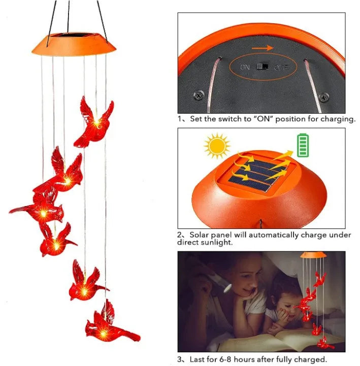 Mobile lumineux solaire oiseaux stylisés couleurs vives moderne extérieur LED changeantes
