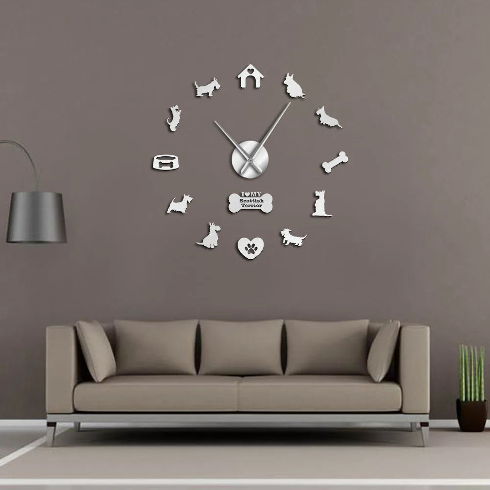 horloge murale moderne chien maison os cœur salon quartz aiguille noir doré stickers