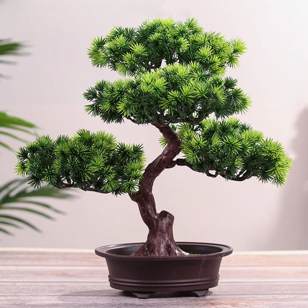ornement arboré bonsaï artificiel vert feuilles pointues tronc épais classique pot marron décoration intérieureextérieur