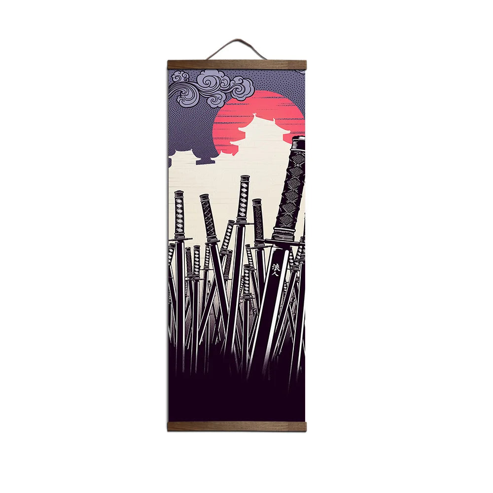 toile peinte art japonais femme épée fond texturé classique blanc noir rouge gris