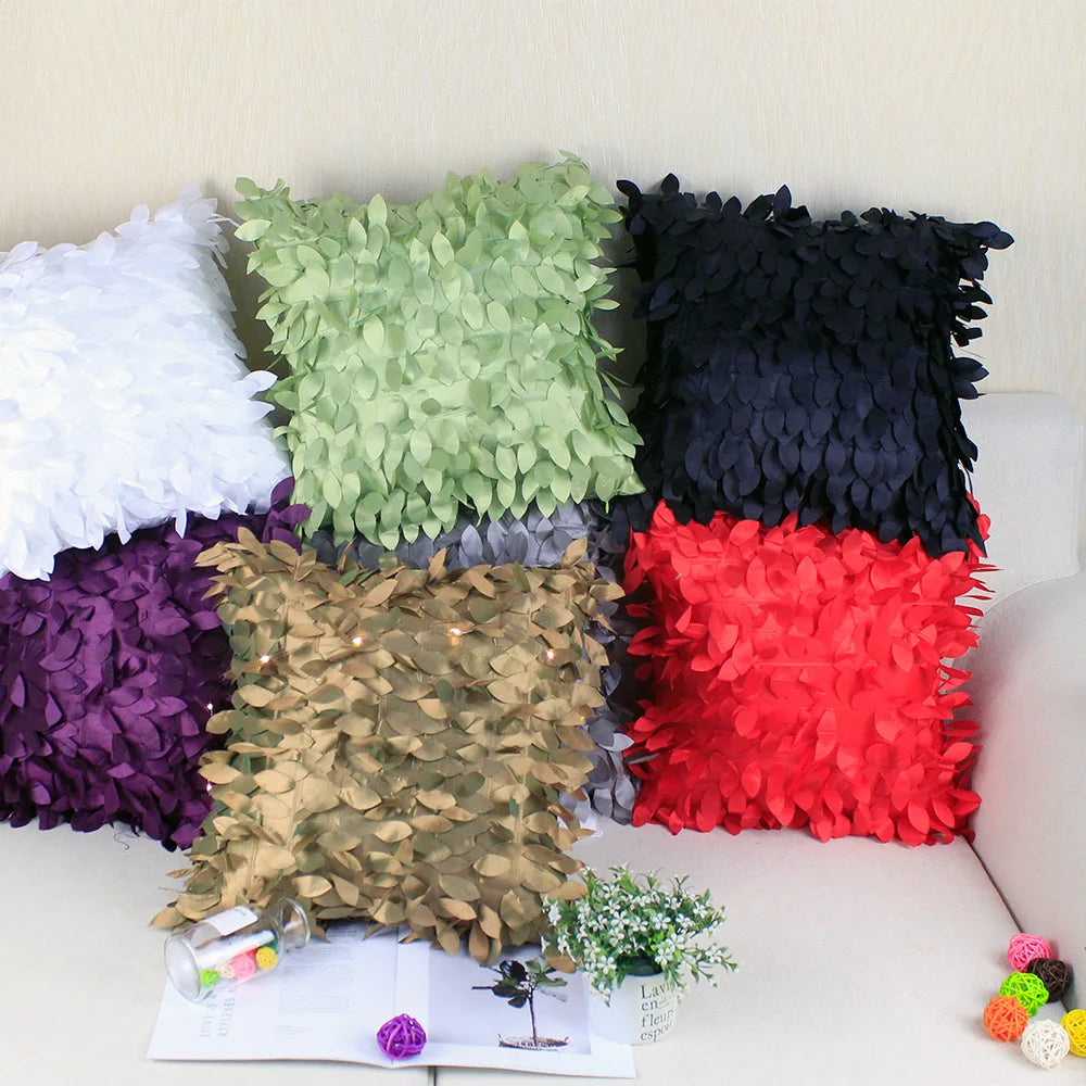 coussin carré brodé motif feuilles moderne poly couleur gris vert rouge violet