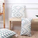 coussin decoratif bleu blanc motif geometrique moderne boho chic amovible lavable tassel adhésif coton