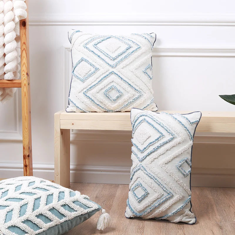 coussin decoratif bleu blanc motif geometrique moderne boho chic amovible lavable tassel adhésif coton