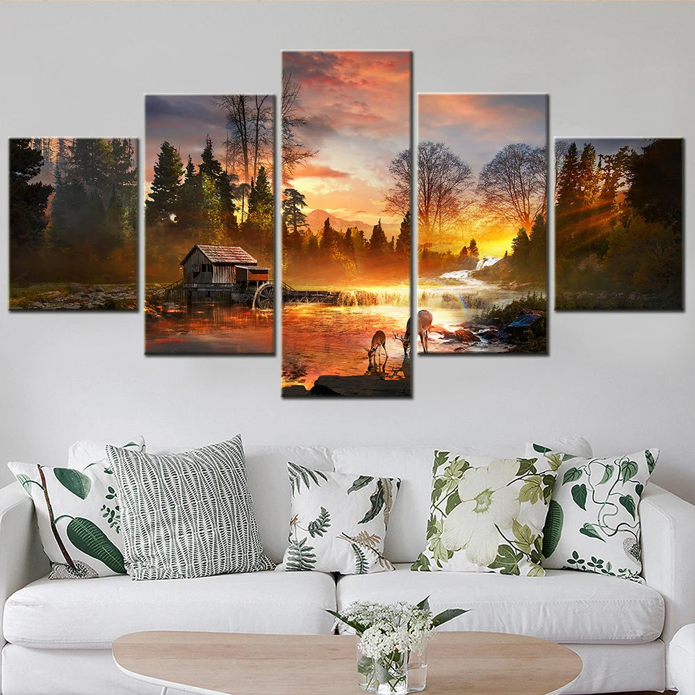 tableau mural paysage coucher soleil arbres rivière oiseaux peinture huile multicolore sans