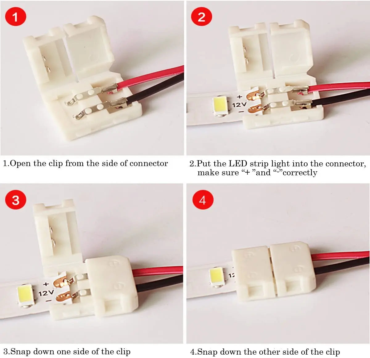 connecteur ruban led clip blanc rouge noir plat lisse basse tension smd 3528 5050