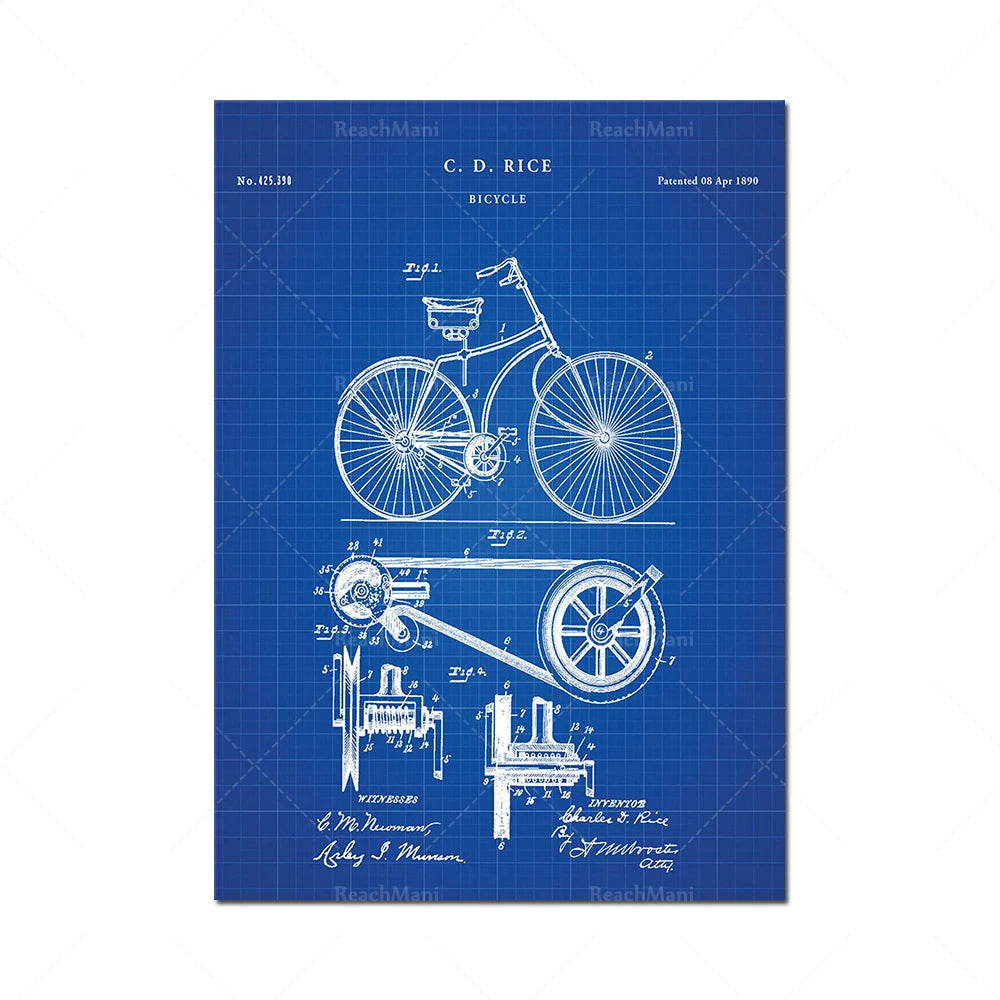 Le plan détaillé d'un vélo ancien brevété, avec ses composants techniques annotés sur un quadrillage de conception.