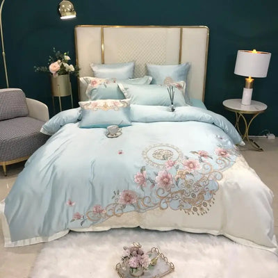 Parure de lit satin coton brodé fleurs blanche 4 pièces