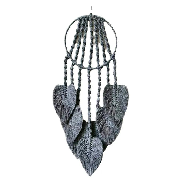 décoration murale boho dreamcatcher gris plumes macramé artisanal decoration