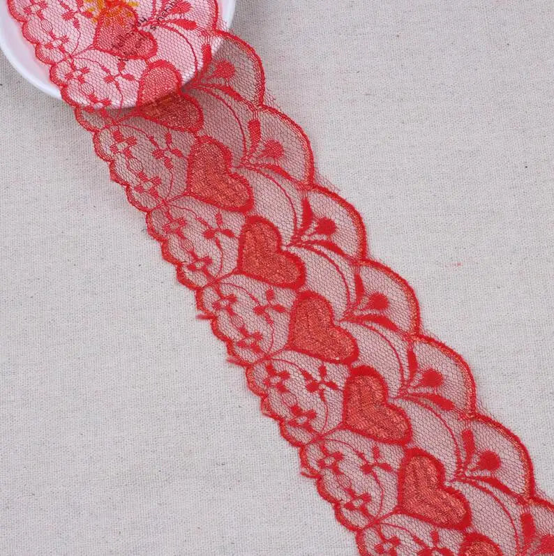 ruban dentelle polyester largeur 75mm couleurs rouge rose vert bleu motifs floraux classique