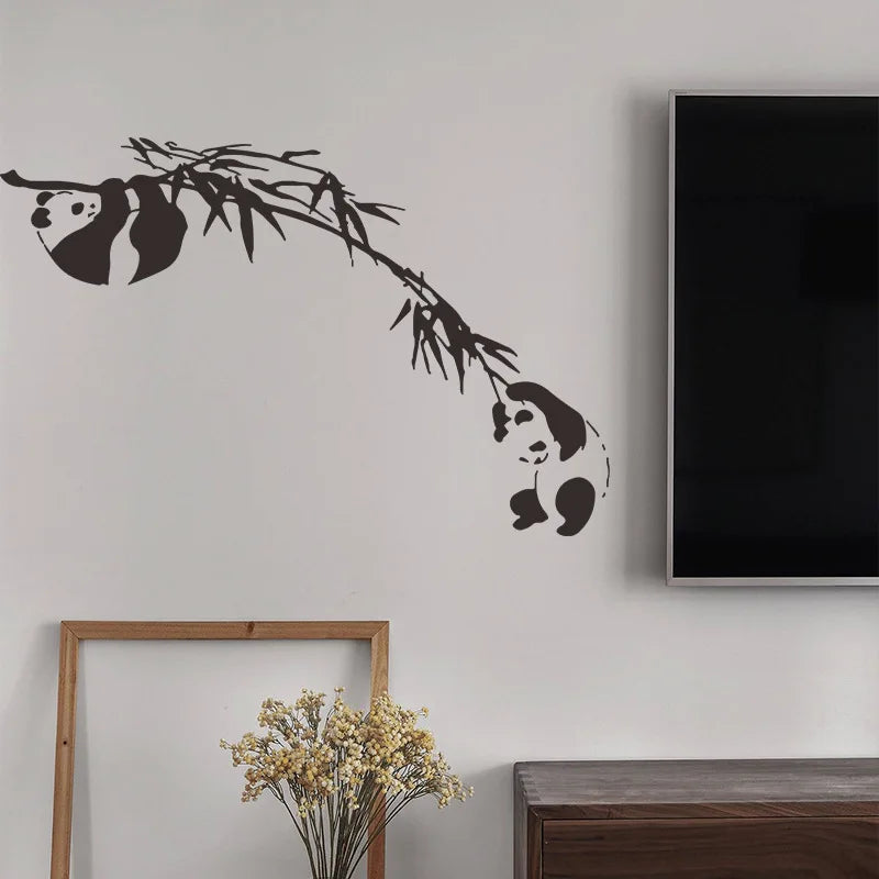 autocollant mural panda bambou minimaliste résistant eau dimension 62cm 95cm adhésive pvc noir chambre
