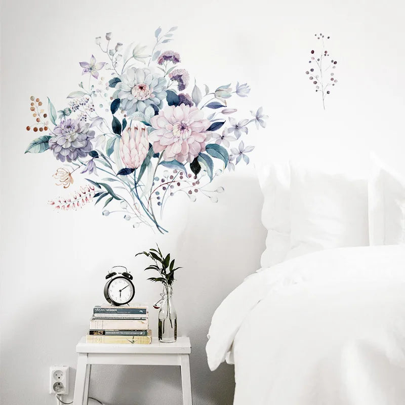 sticker mural aquarelle fleurs plantes moderne salon chambre décoration intérieure opaque