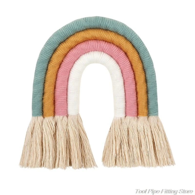 décoration murale arc ciel tissé franges boho chic marron beige bleu marine rose clair