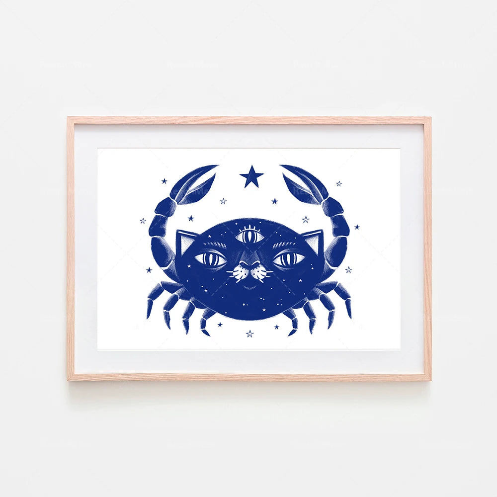 L'illustration montre un crabe bleu stylisé avec plusieurs yeux et des pinces, entouré d'étoiles et d'un motif cosmique.