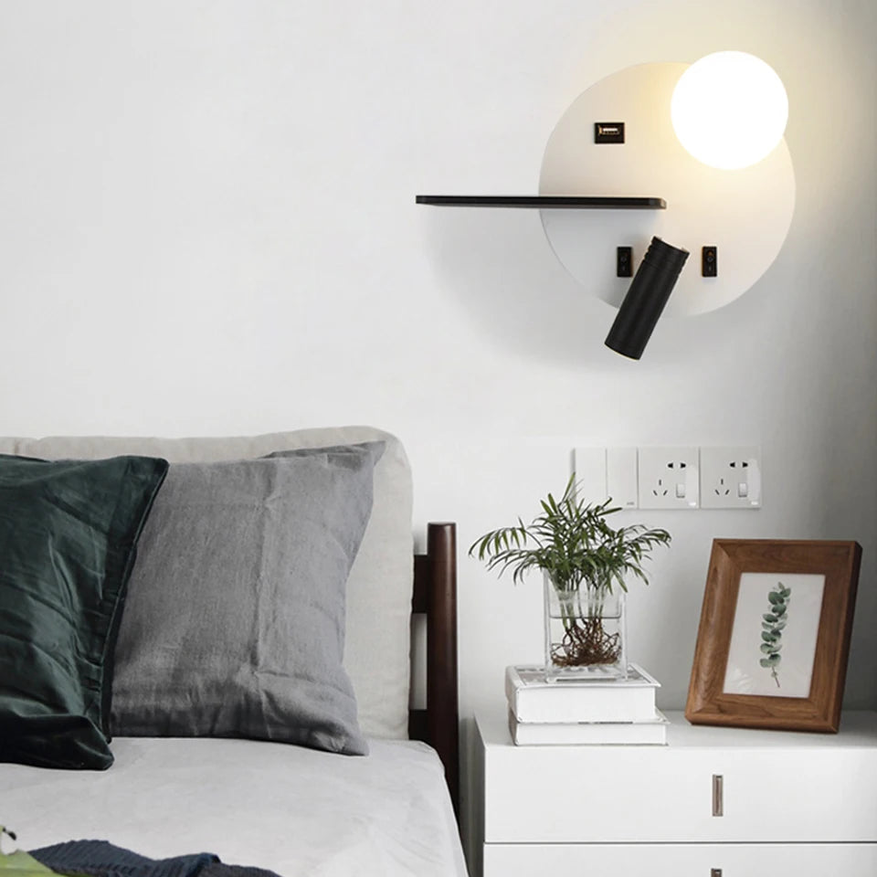 lampe murale moderne étagère usb blanc noir rose adjustable chambre salon