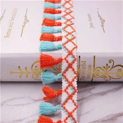 ruban pompons boho chic orange rose bleu noir blanc rouge diamants géométriques 100 polyester