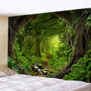 tapisserie murale forêt vert feuillage dense arbres cascades naturelle bohème