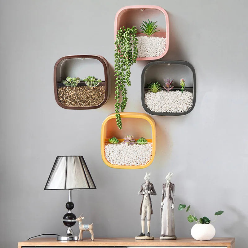 décoration murale végétale carré moderne plantes artificielles succulentes herbes terreau gravier opaque minimaliste fixée